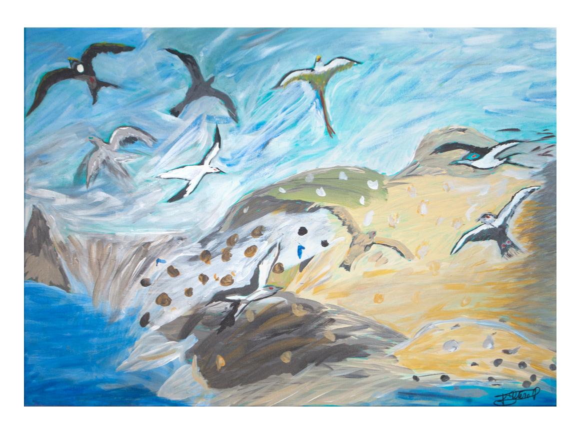 Pintura de un grupo de aves en vuelo