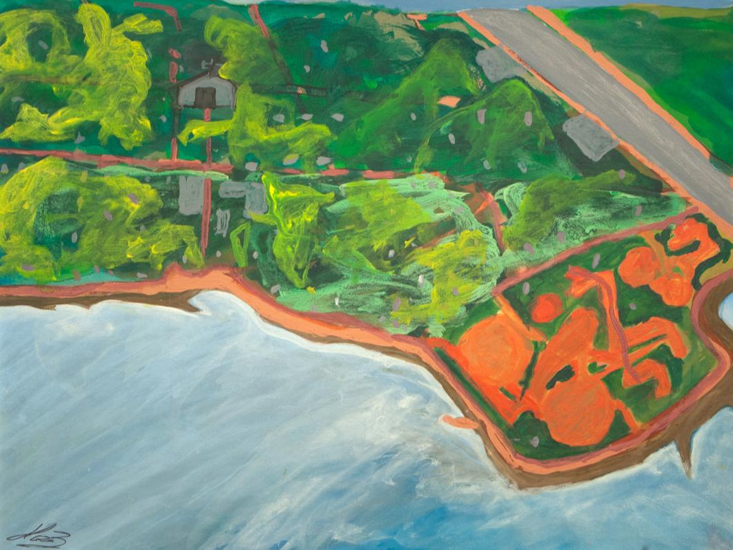 Pintura de una vista aérea de la pista de aterrizaje en Rapa Nui