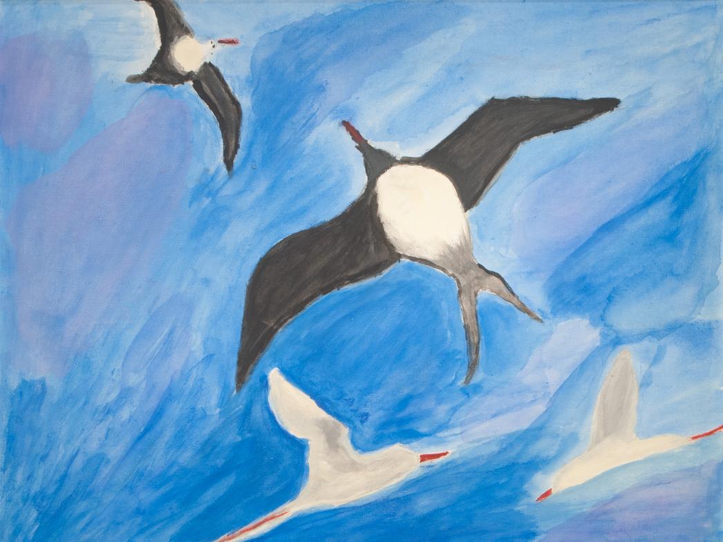 Pintura de un grupo de aves en vuelo