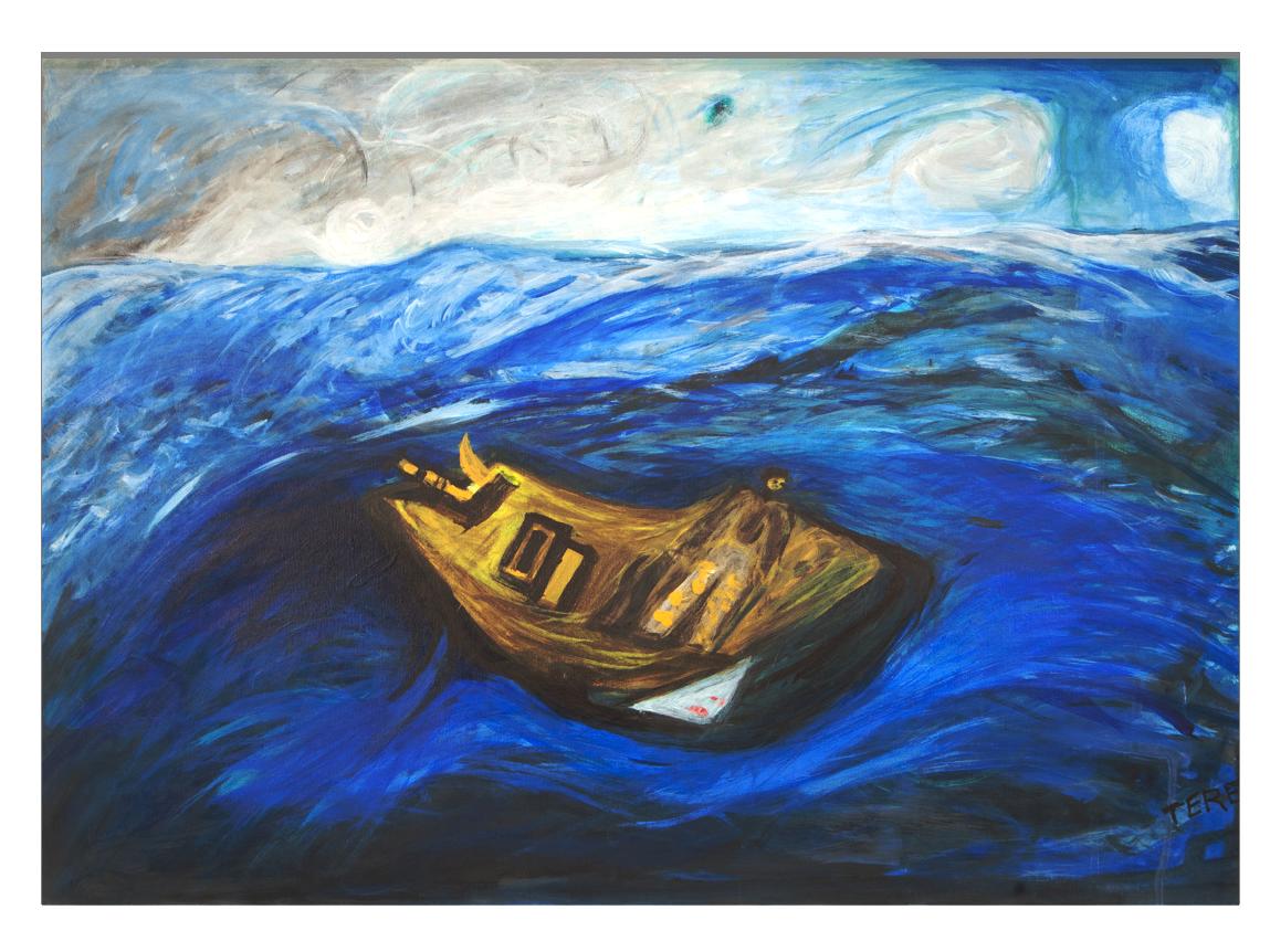Pintura de una embarcación en un mar agitado